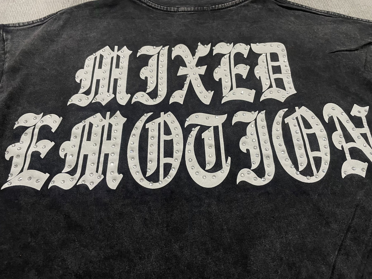 MIXED EMOTION Rhinestone Graphic Acid-Wash T-Shirt