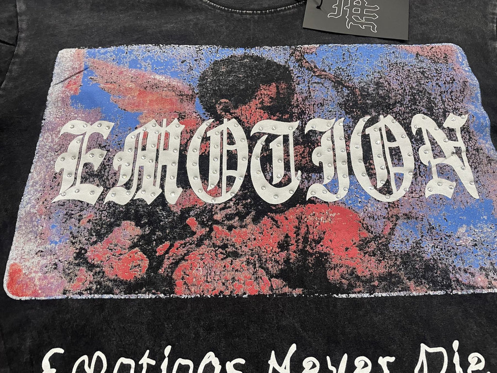 MIXED EMOTION Rhinestone Graphic Acid-Wash T-Shirt