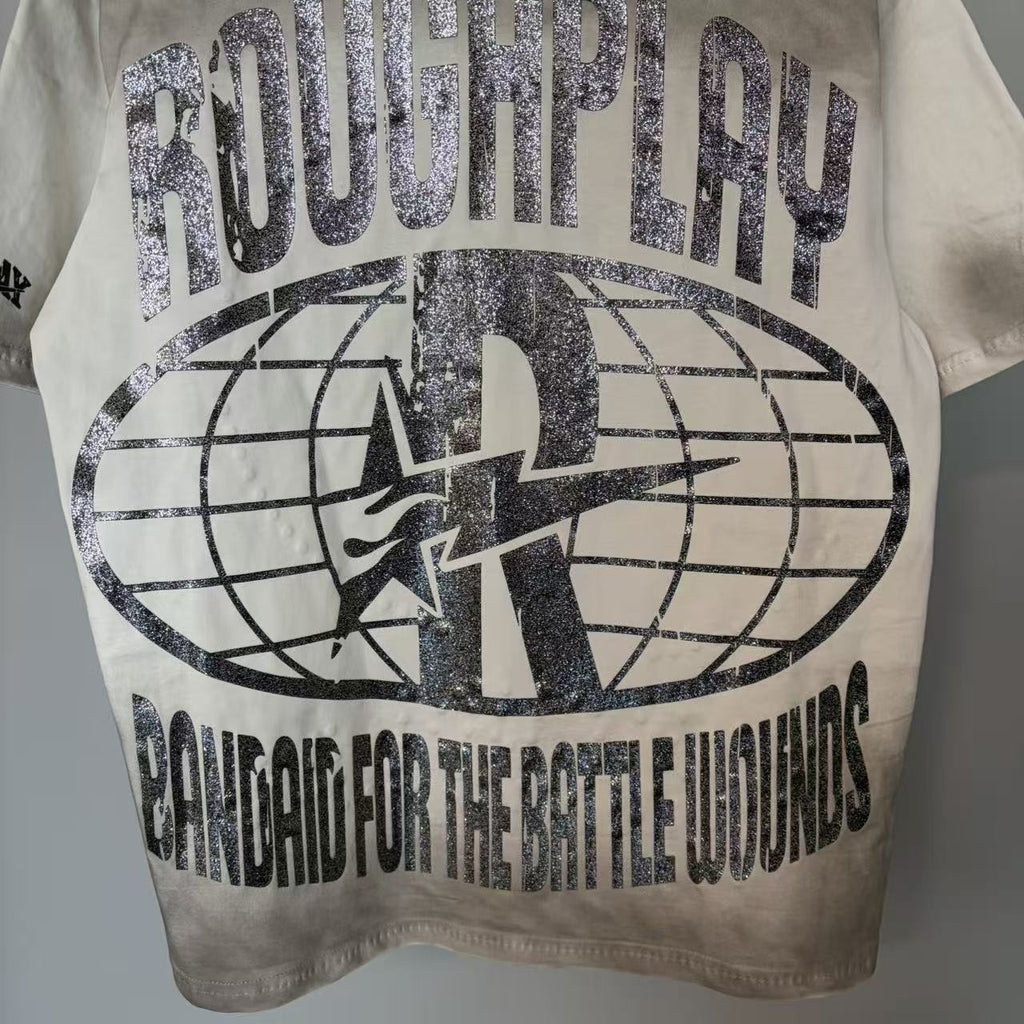 Rough Play Off-White Washed Rhinestone Graphic T-Shirt