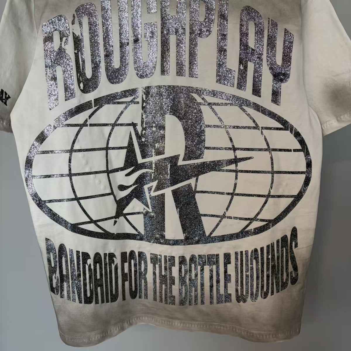 Rough Play Off-White Washed Rhinestone Graphic T-Shirt