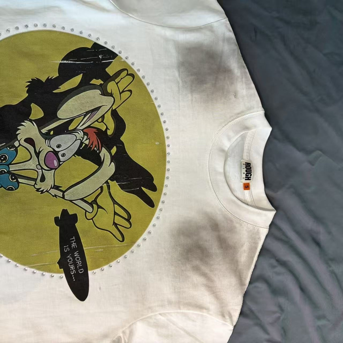 Rough Play Off-White Washed Rhinestone Graphic T-Shirt