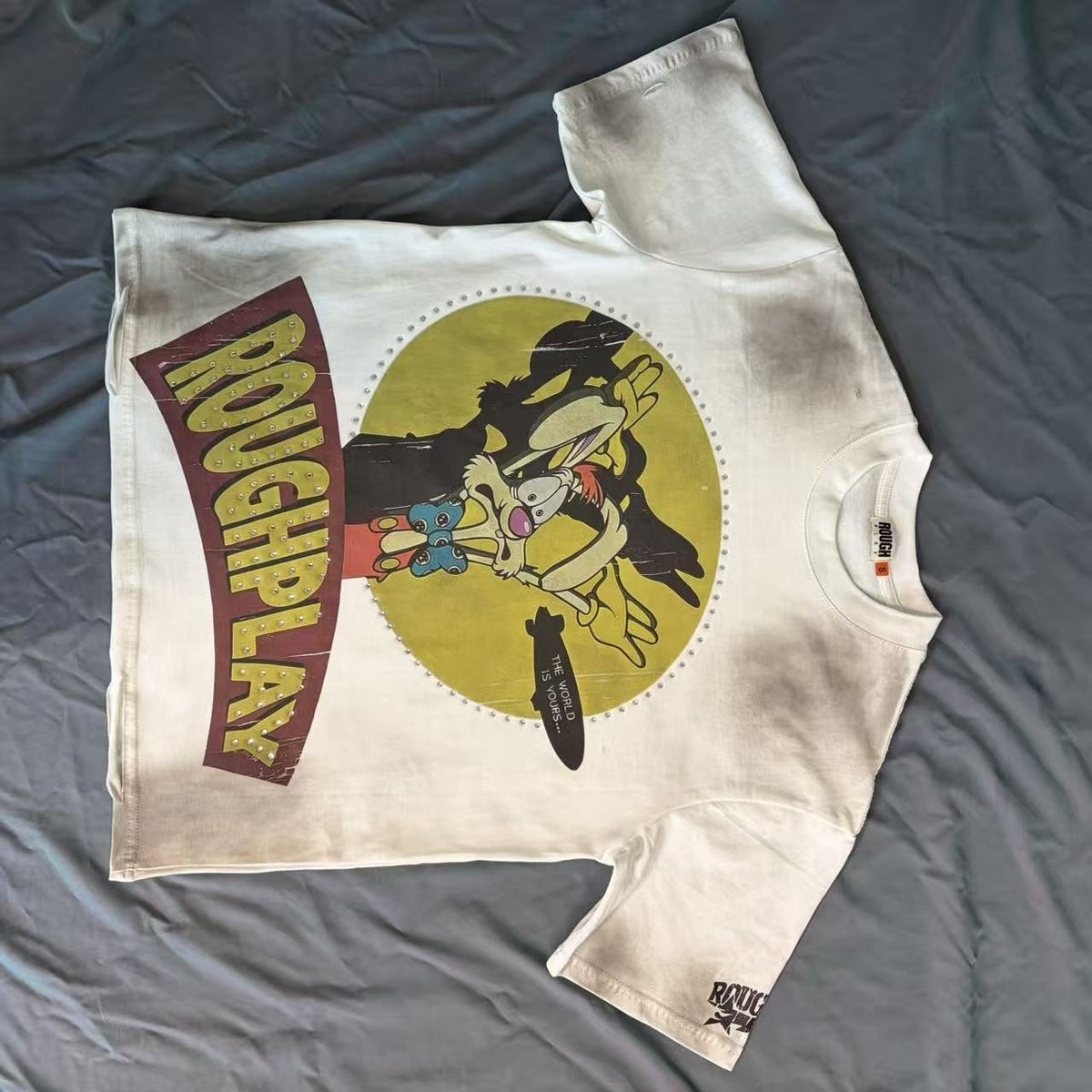Rough Play Off-White Washed Rhinestone Graphic T-Shirt