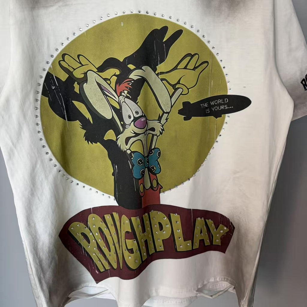 Rough Play Off-White Washed Rhinestone Graphic T-Shirt