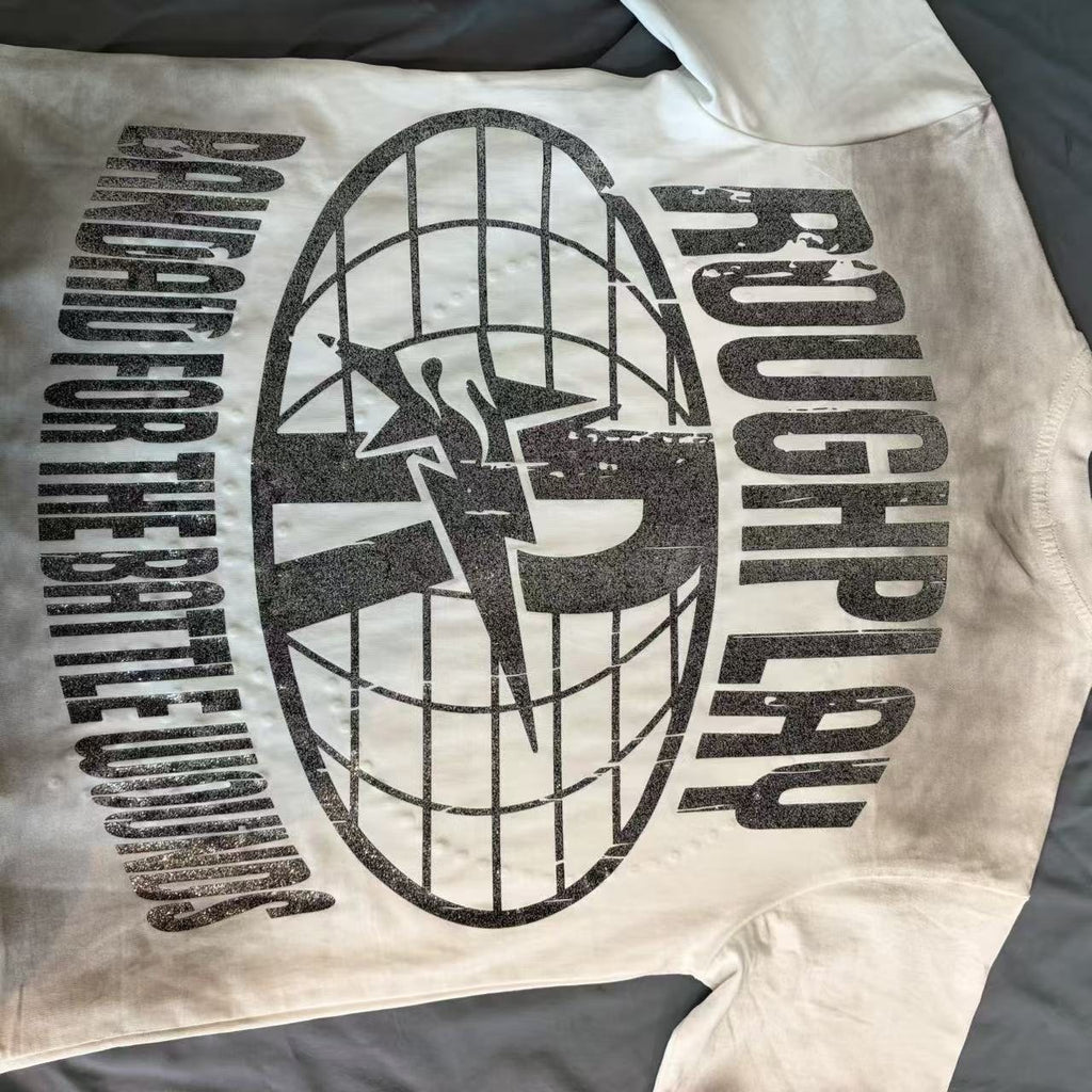 Rough Play Off-White Washed Rhinestone Graphic T-Shirt