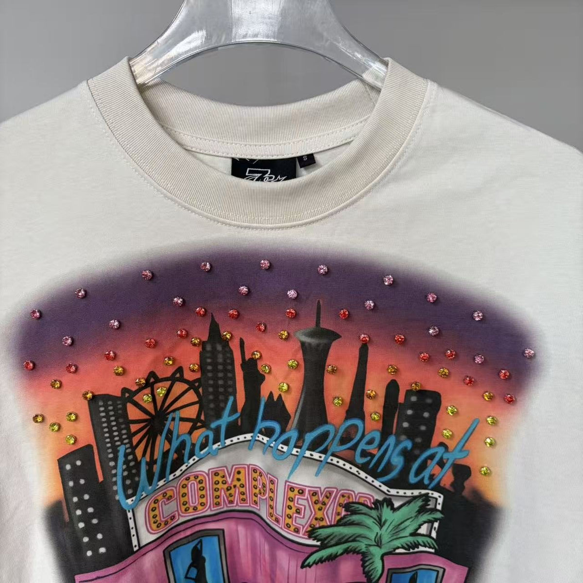 TRIPLE SEVENS Cream Rhinestone Graphic Short-Sleeve T-Shirt