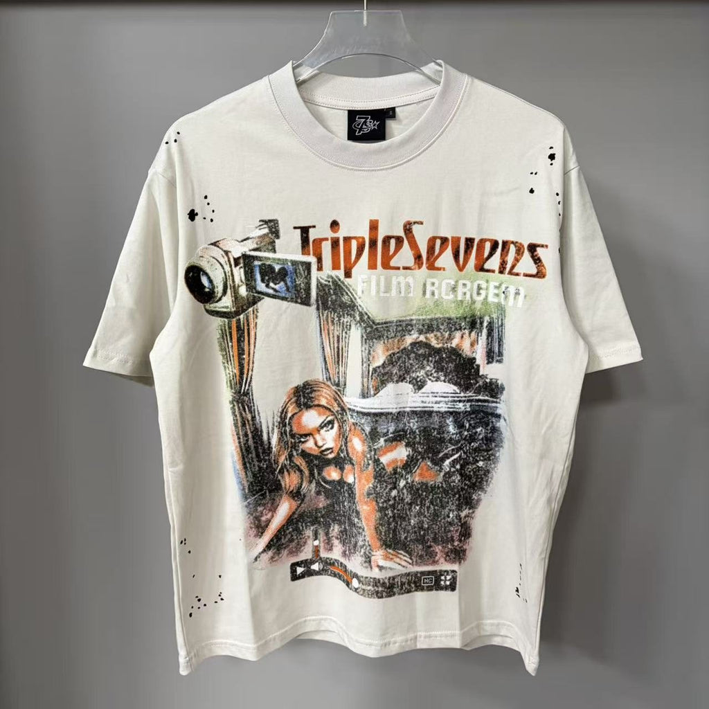 TRIPLE SEVENS Cream Front & Back Graphic T-Shirt
