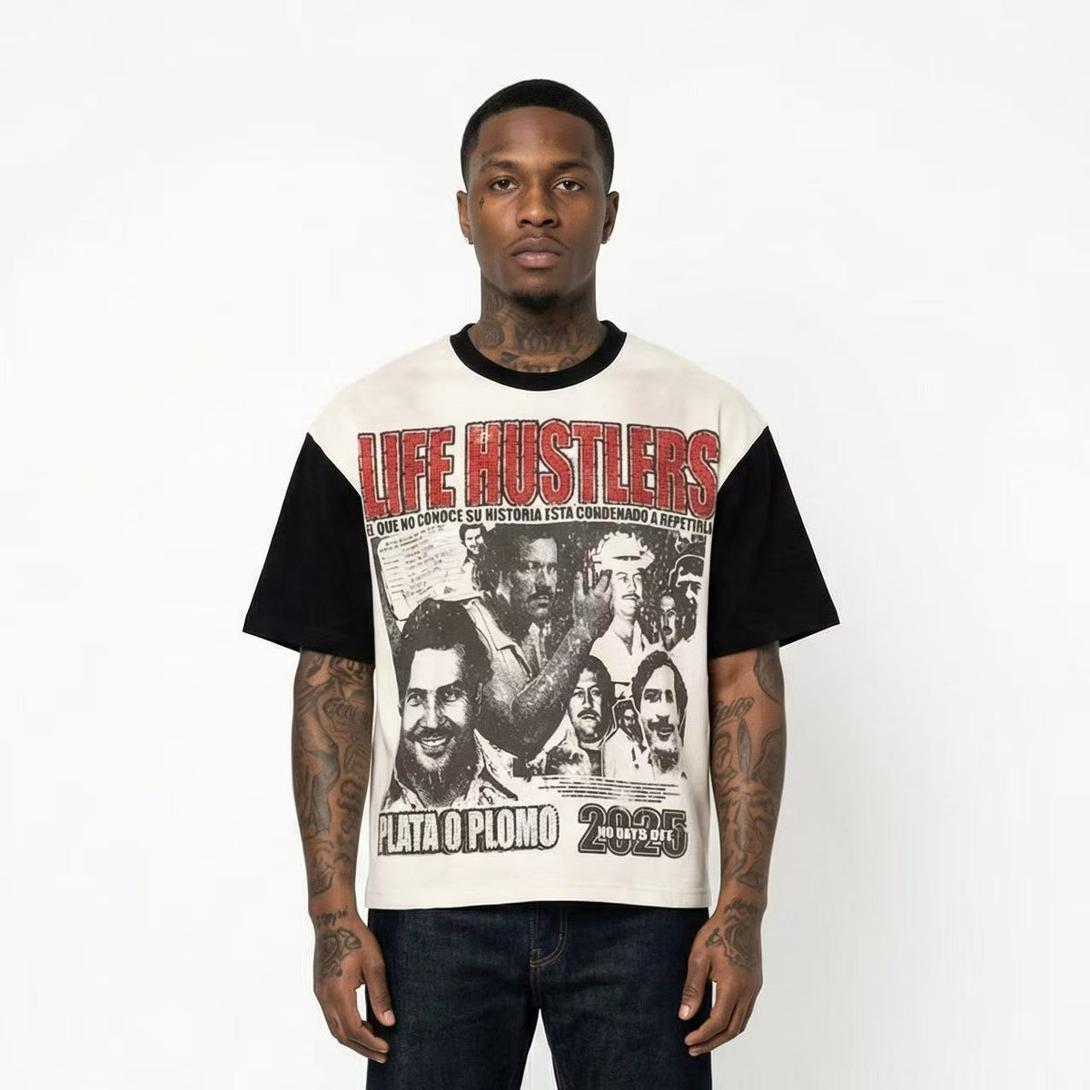 Life Hustlere Contrast-Sleeve Graphic T-Shirt