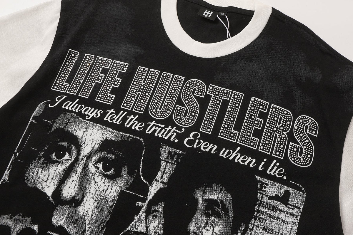Life Hustlere Rhinestone Graphic Two-Tone T-Shirt
