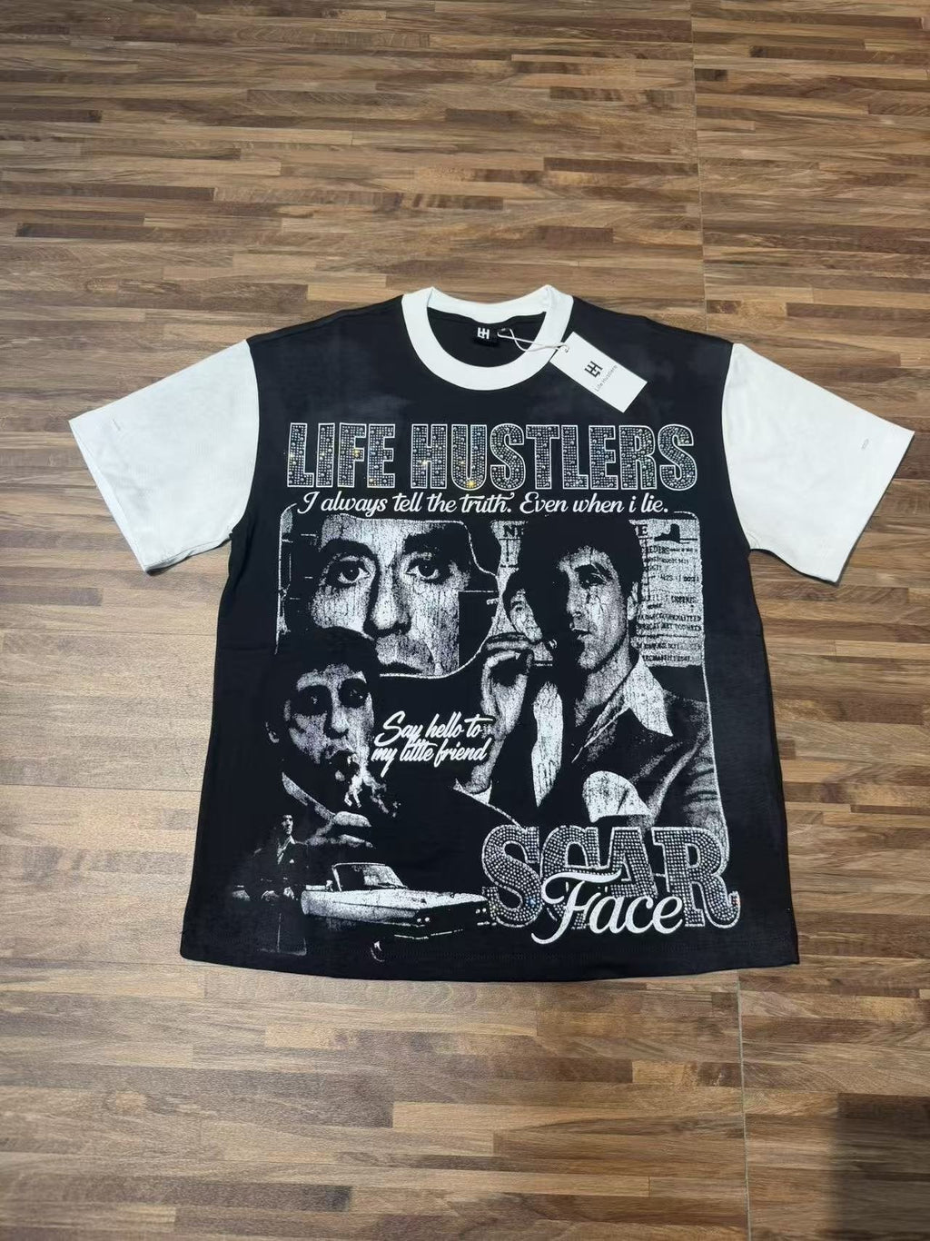 Life Hustlere Rhinestone Graphic Two-Tone T-Shirt