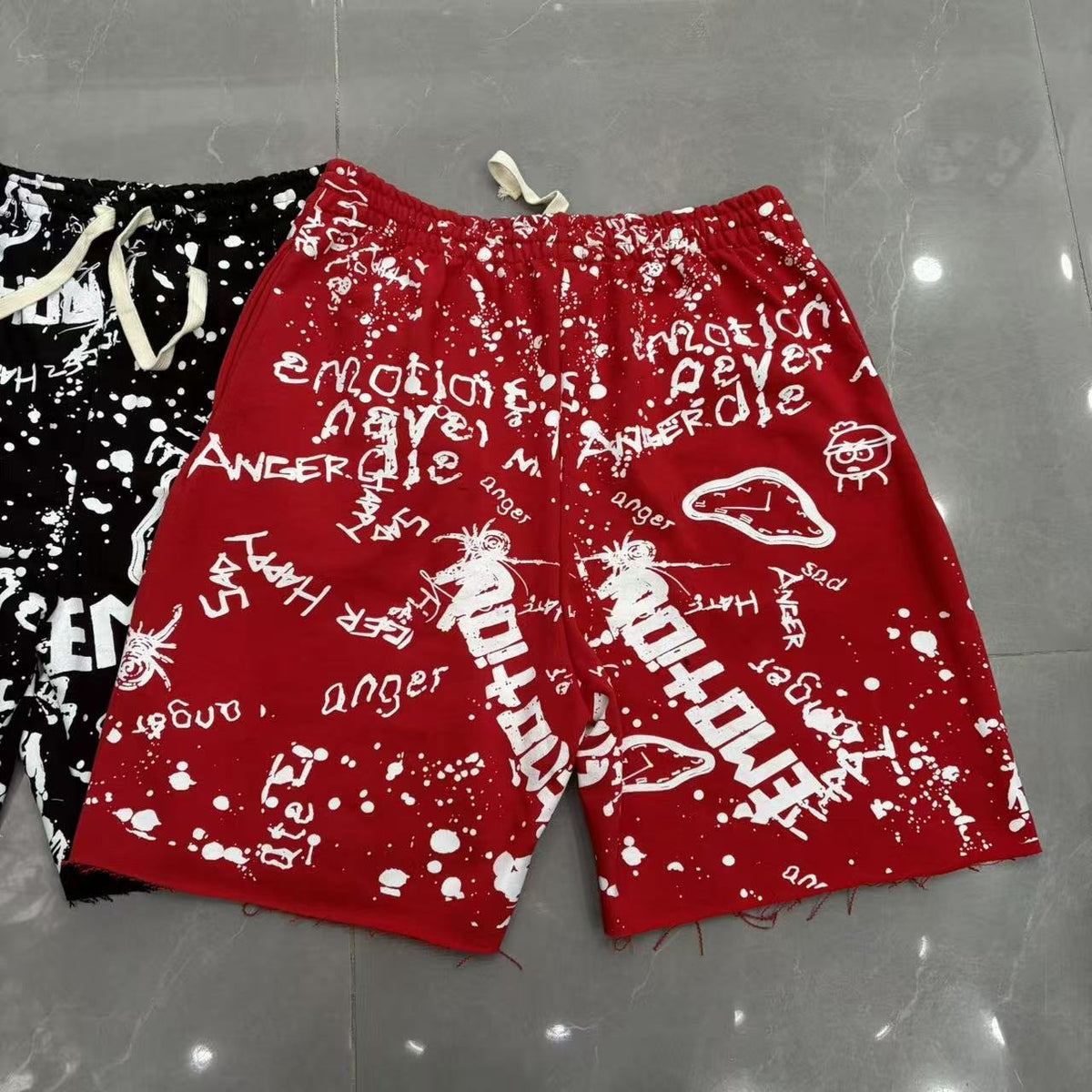 MIXED EMOTION Graffiti Paint Splatter Drawstring Shorts