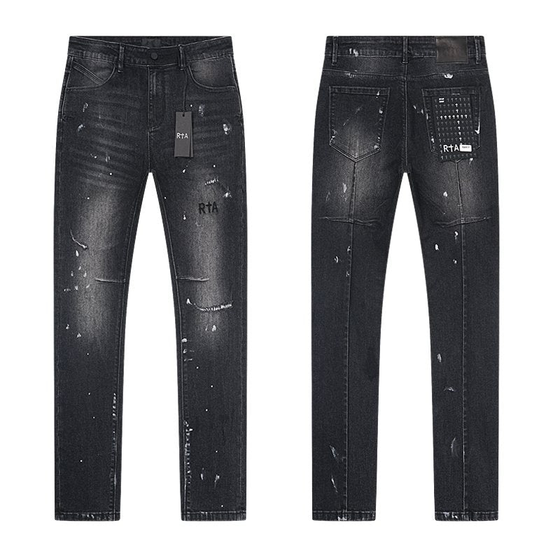 R+A Black Washed Distressed Skinny Jeans