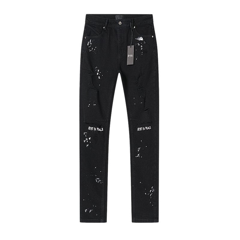 R+A Rest in Peace Cross Patch Paint-Splatter Jeans