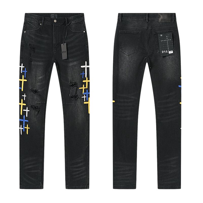 R+A Cross Embroidered Distressed Jeans