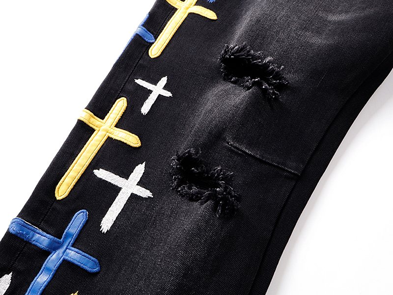 R+A Cross Embroidered Distressed Jeans