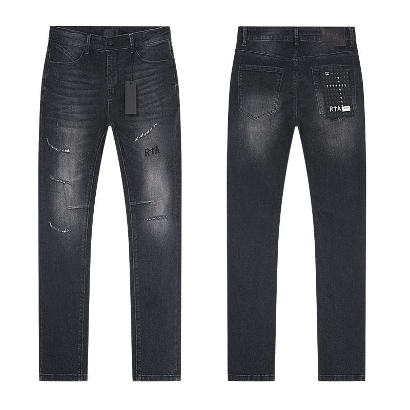 R+A Washed Black Distressed Logo Detail Jeans