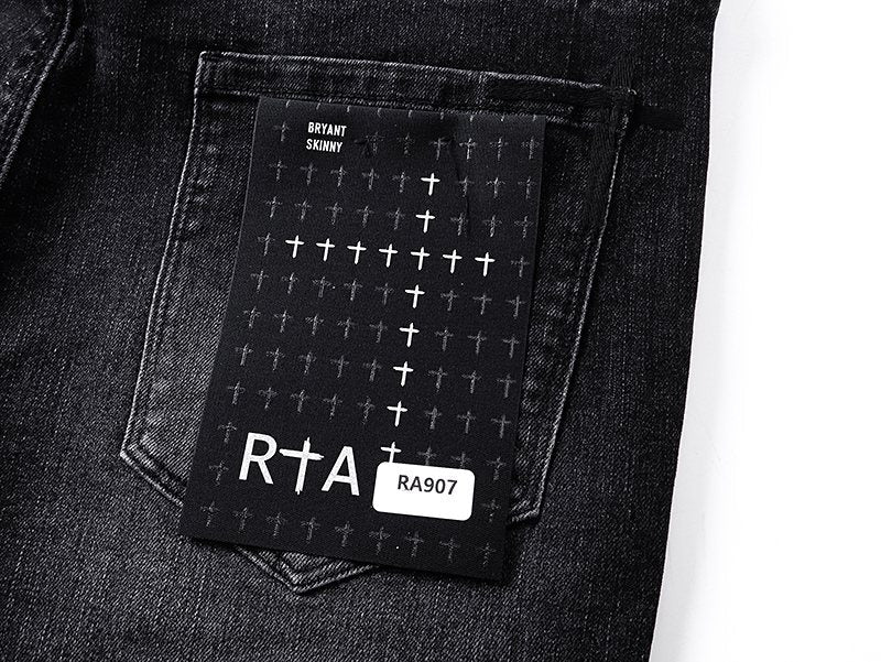 R+A Washed Black Distressed Logo Detail Jeans