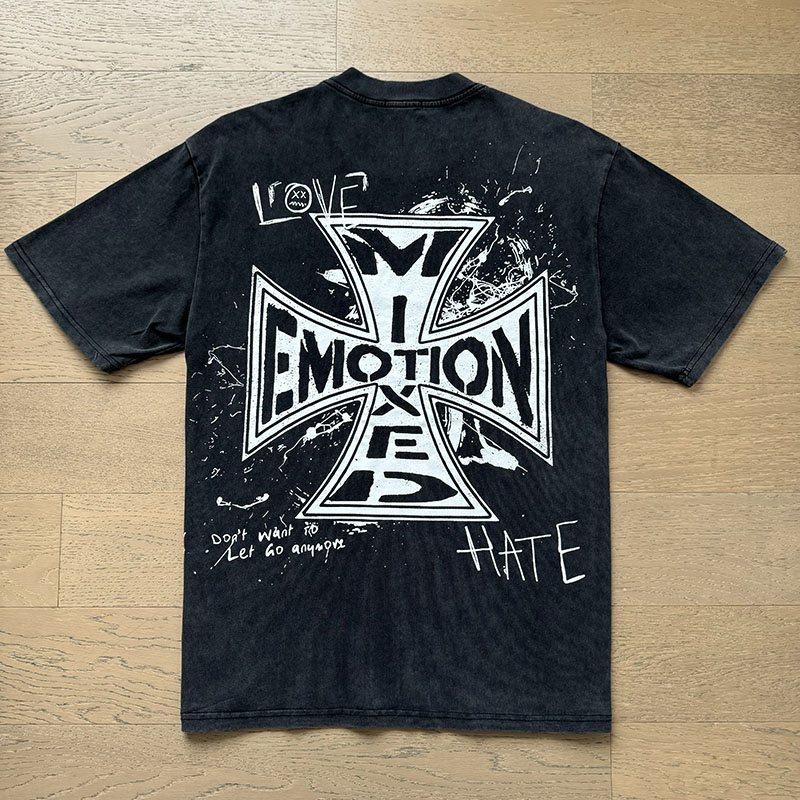 MIXED EMOTION Washed Black Graffiti Graphic T-Shirt
