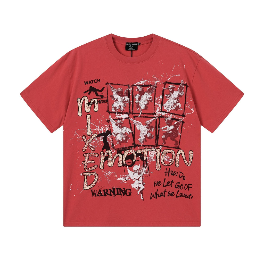 MIXED EMOTION Washed Red Front & Back Graphic T-Shirt