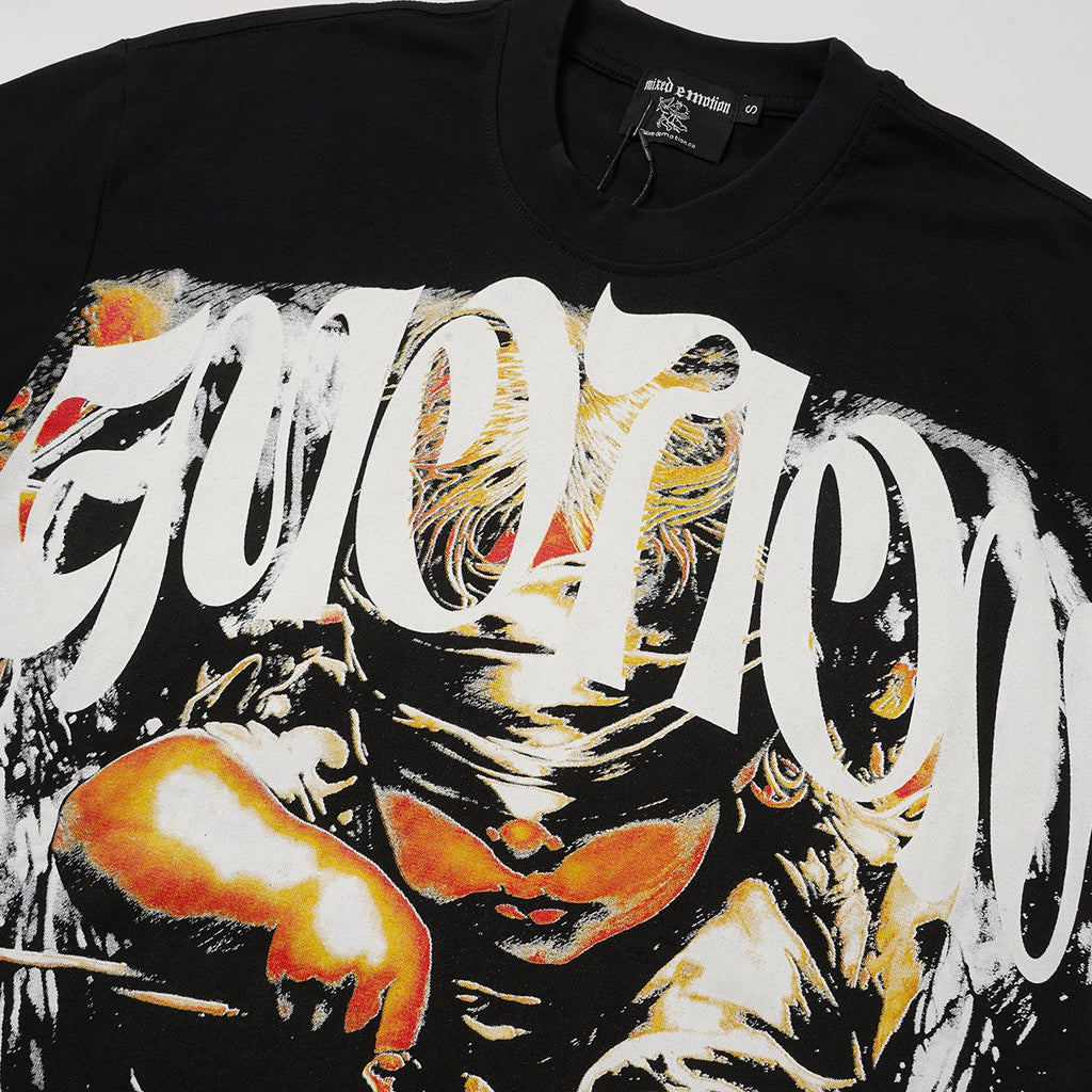 MIXED EMOTION Black Illustrated Front & Back Graphic T-Shirt