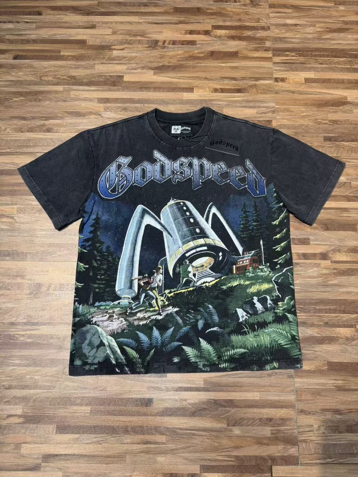 Godspeed Spaceship Graphic Washed Black T-Shirt