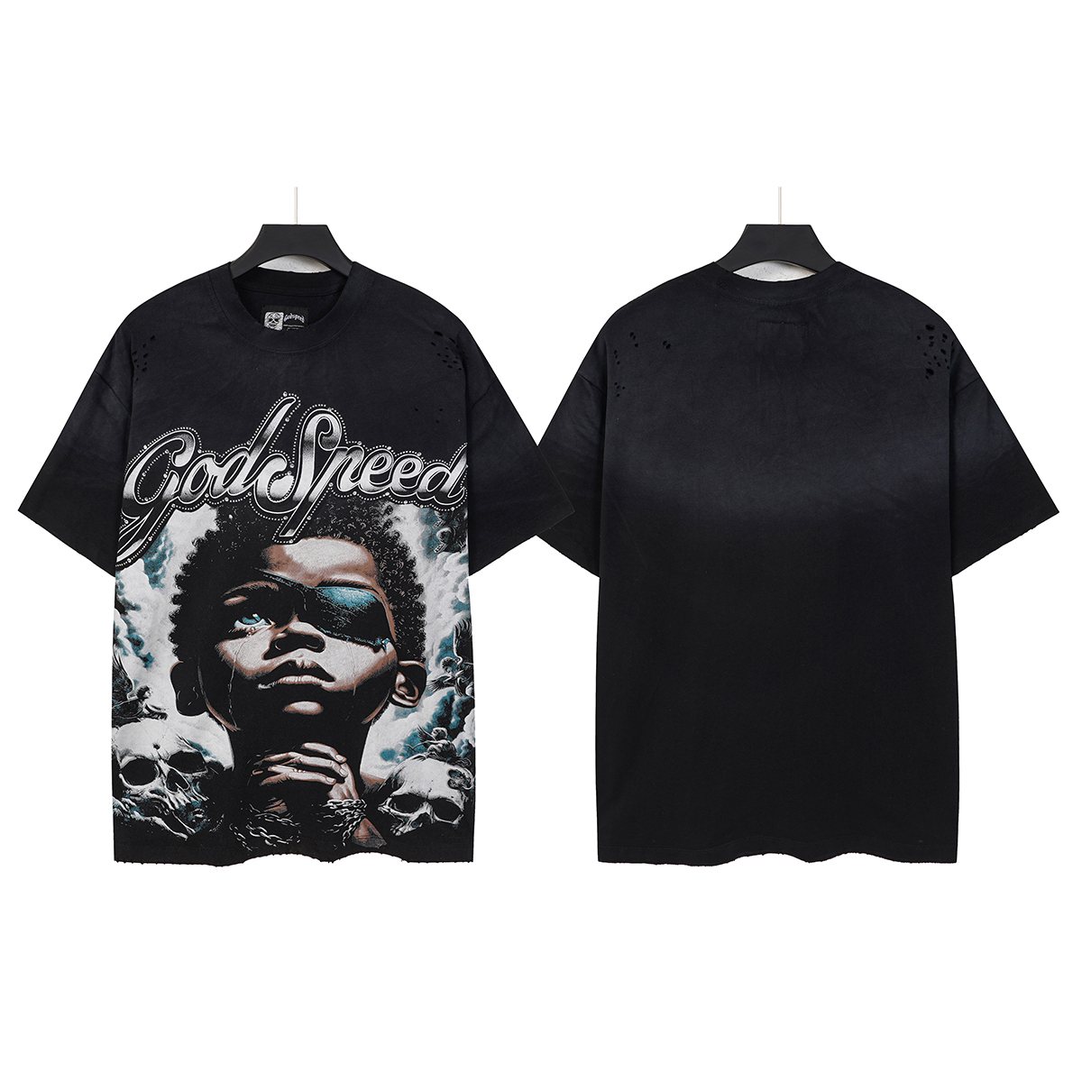 Godspeed Portrait Skull Distressed Short-Sleeve T-Shirt