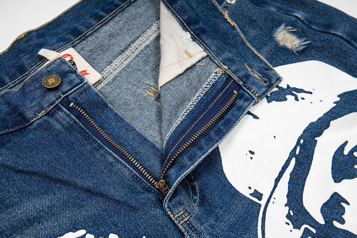 ASAALL Portrait Graphic Washed Denim Shorts