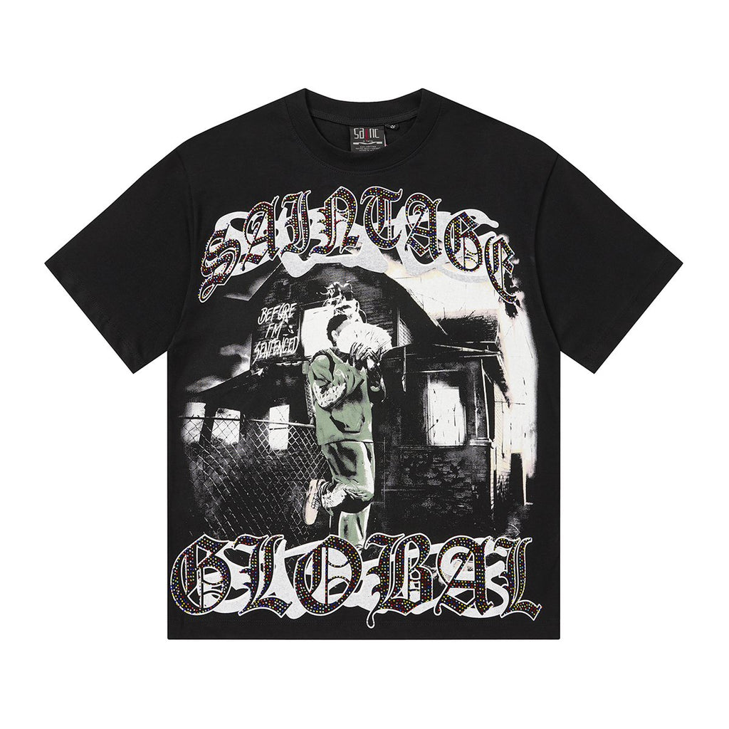 SAINT Black Rhinestone Graphic T-Shirt