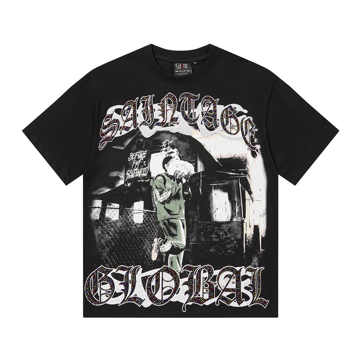 SAINT Black Rhinestone Graphic T-Shirt