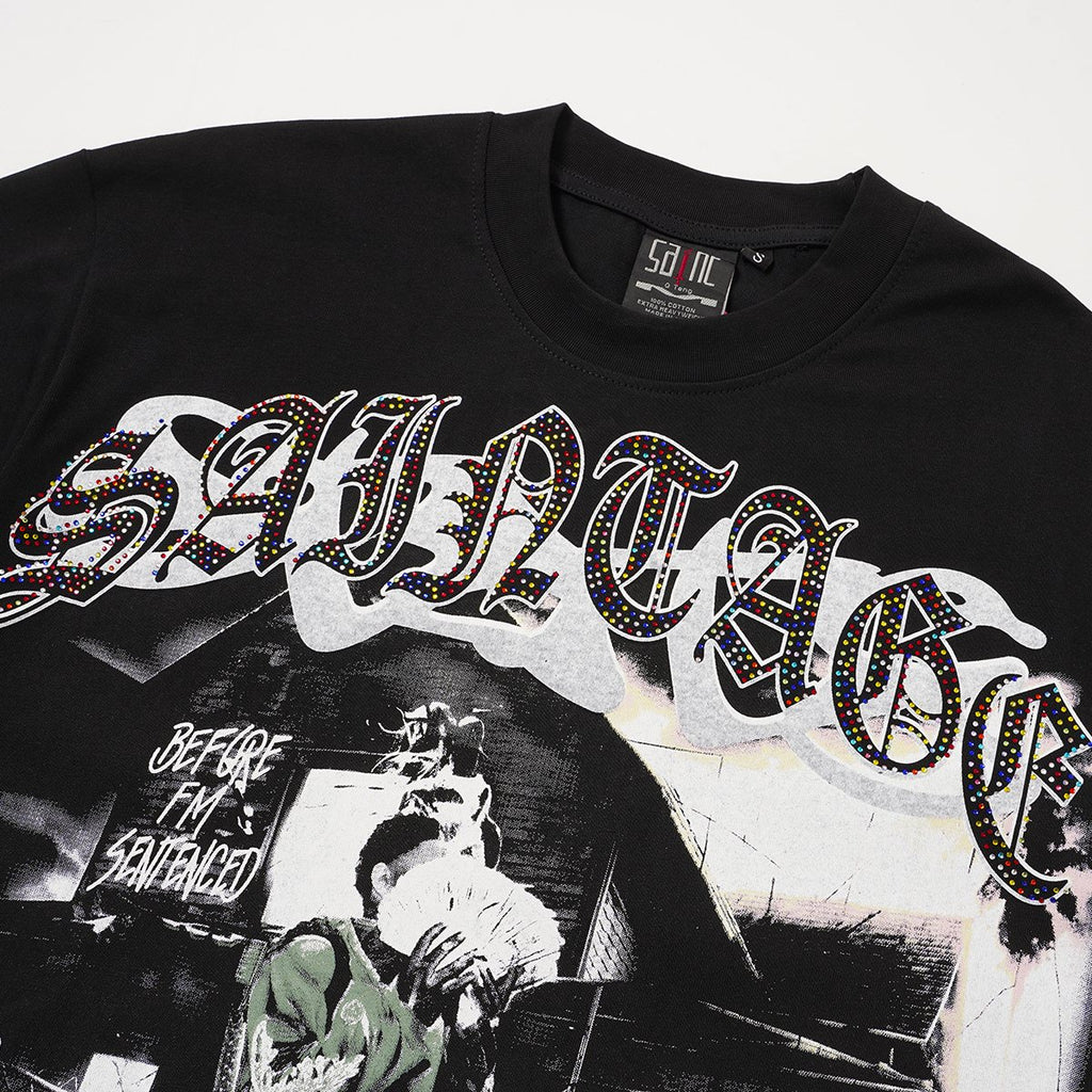 SAINT Black Rhinestone Graphic T-Shirt