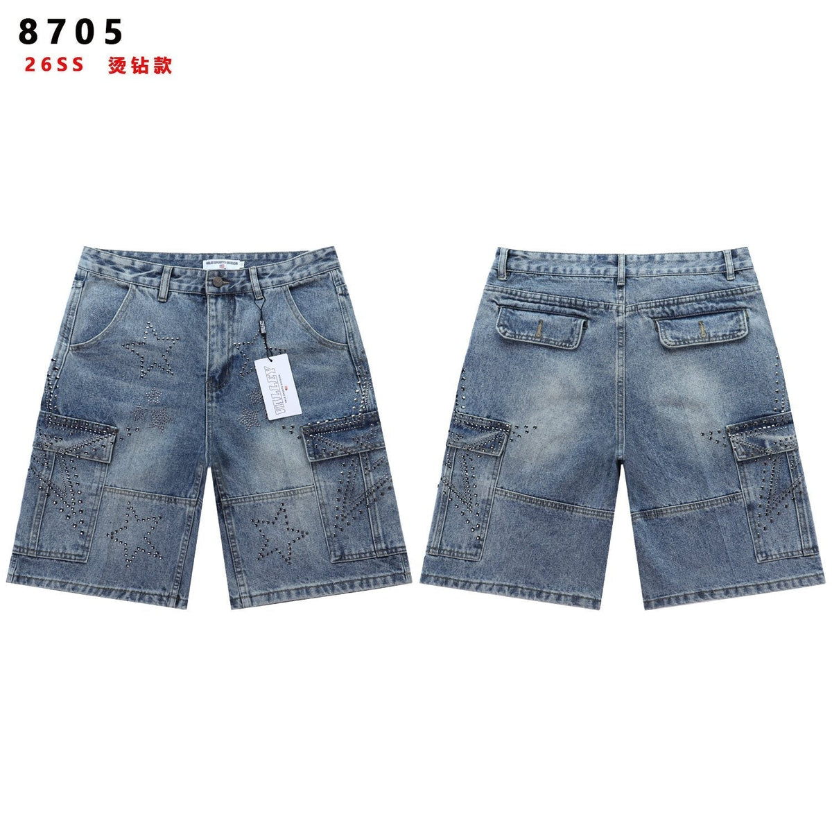 VALLEY Star Rhinestone Denim Cargo Shorts