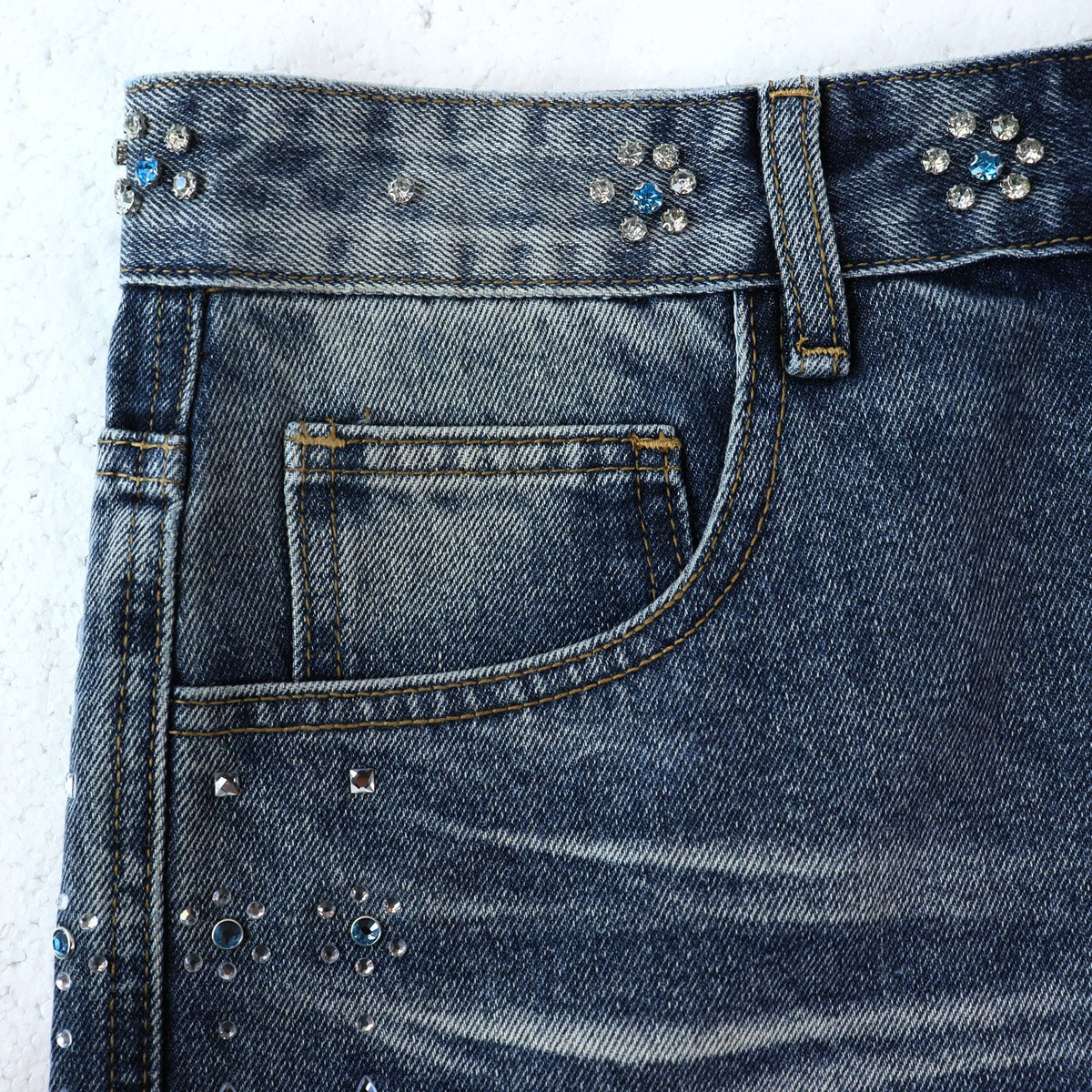 Vale Forever Rhinestone Side-Detail Washed Denim Shorts