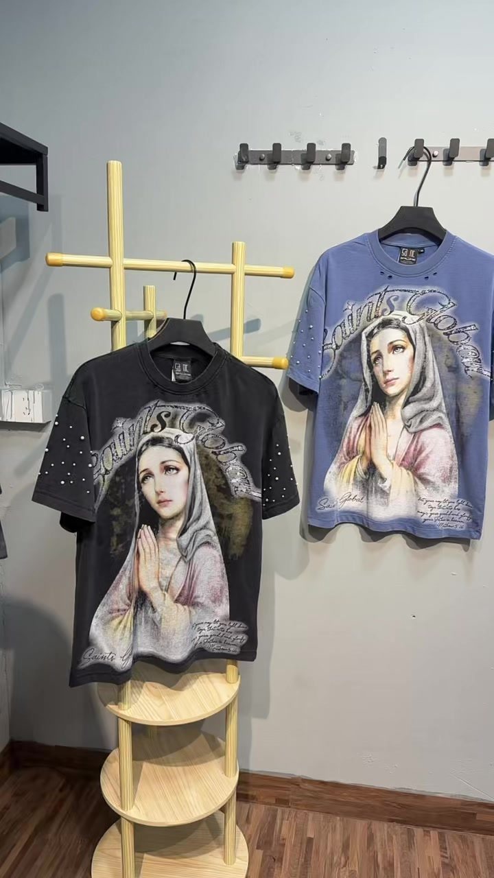 SAINT Distressed Rhinestone Graphic T-Shirt