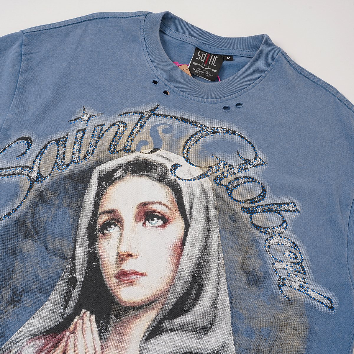SAINT Distressed Rhinestone Graphic T-Shirt