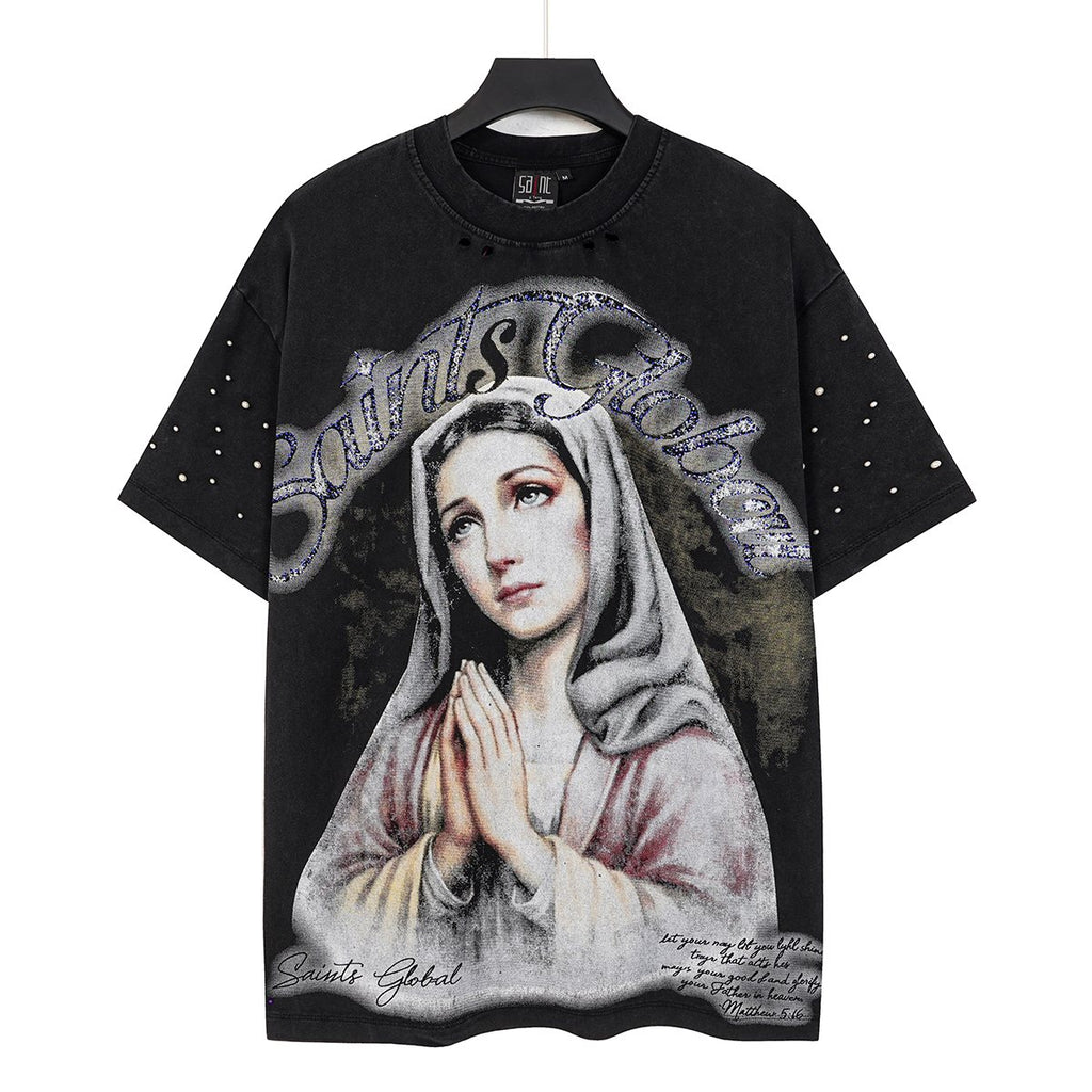 SAINT Distressed Rhinestone Graphic T-Shirt