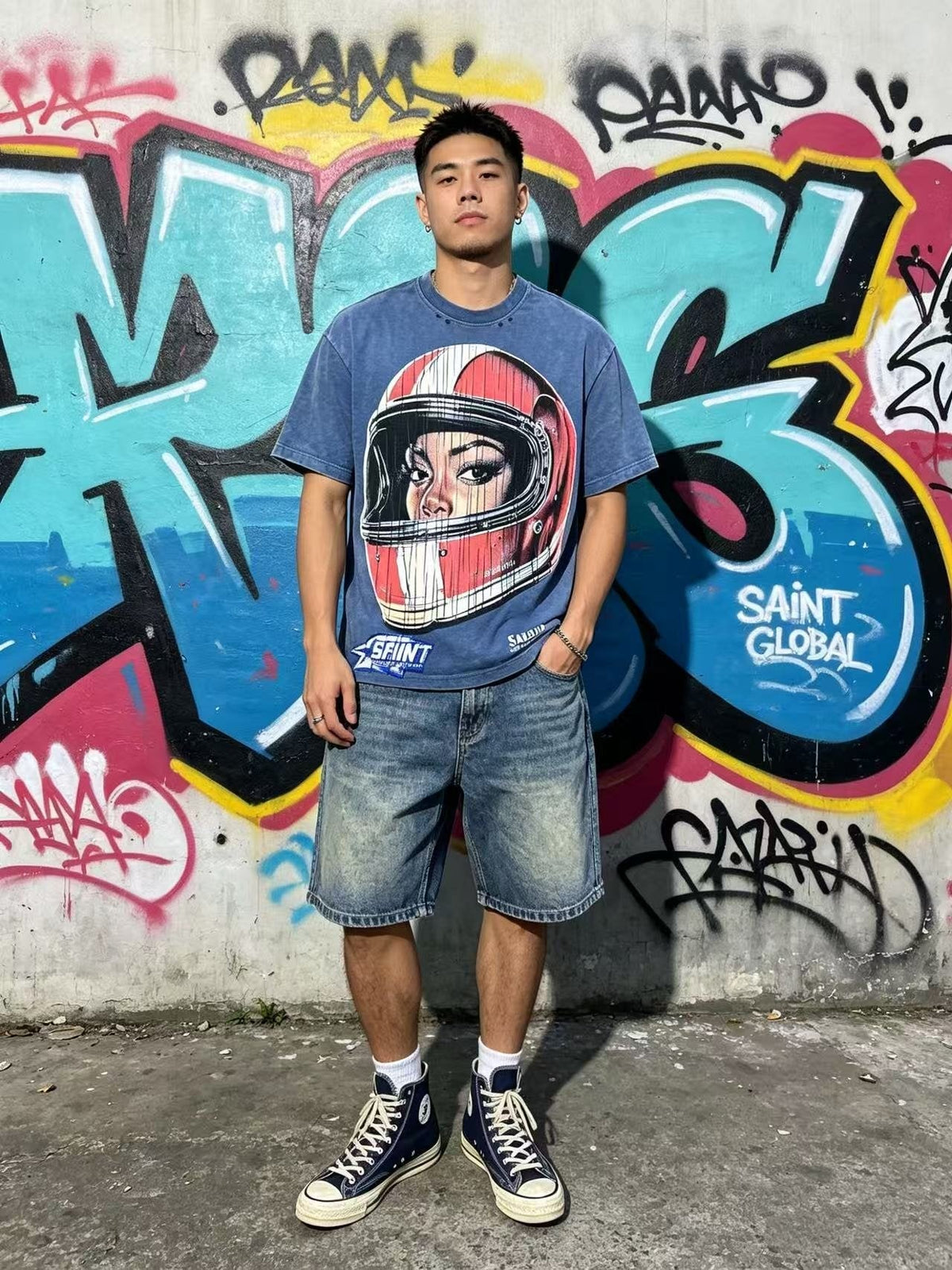SAINT Washed Rhinestone Graphic T-Shirt