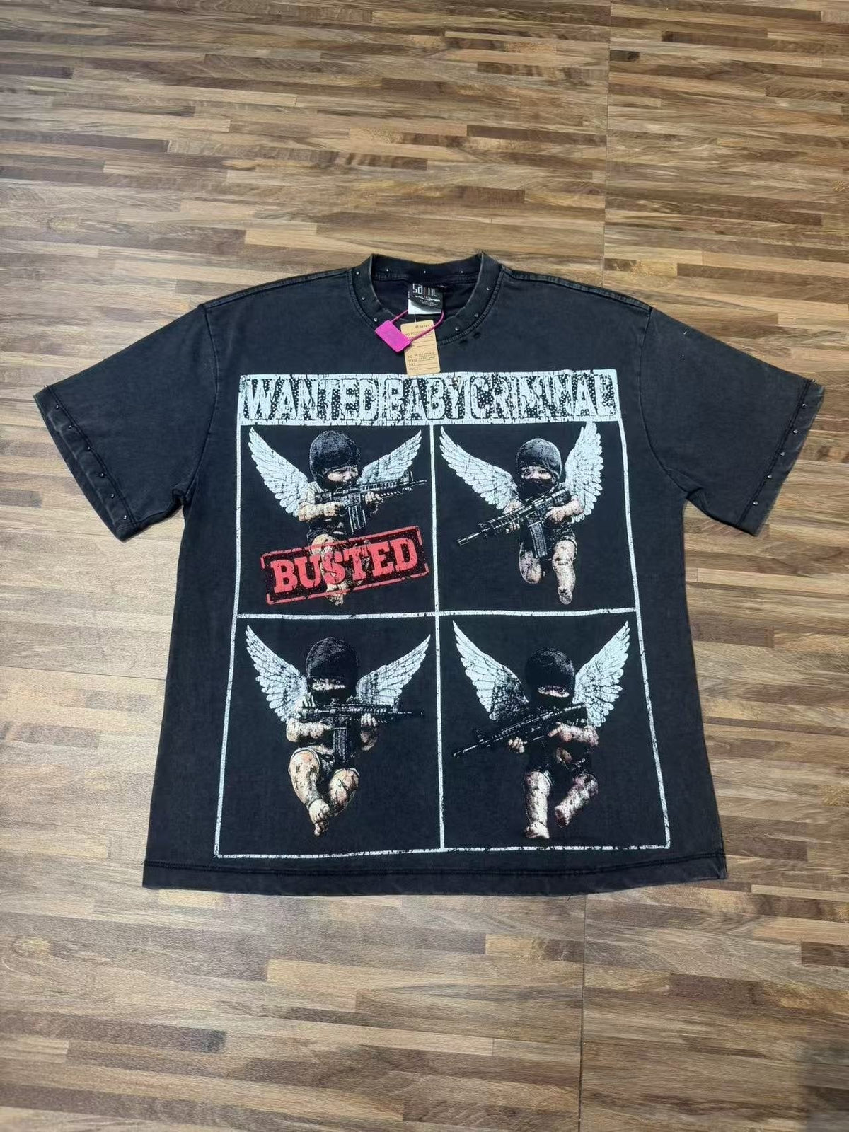 SAINT Rhinestone Distressed Graphic T-Shirt