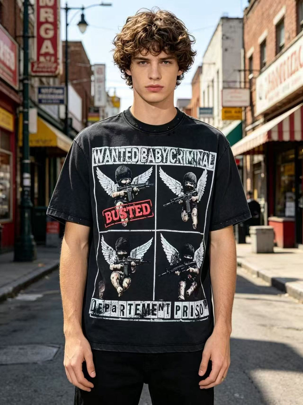 SAINT Rhinestone Distressed Graphic T-Shirt