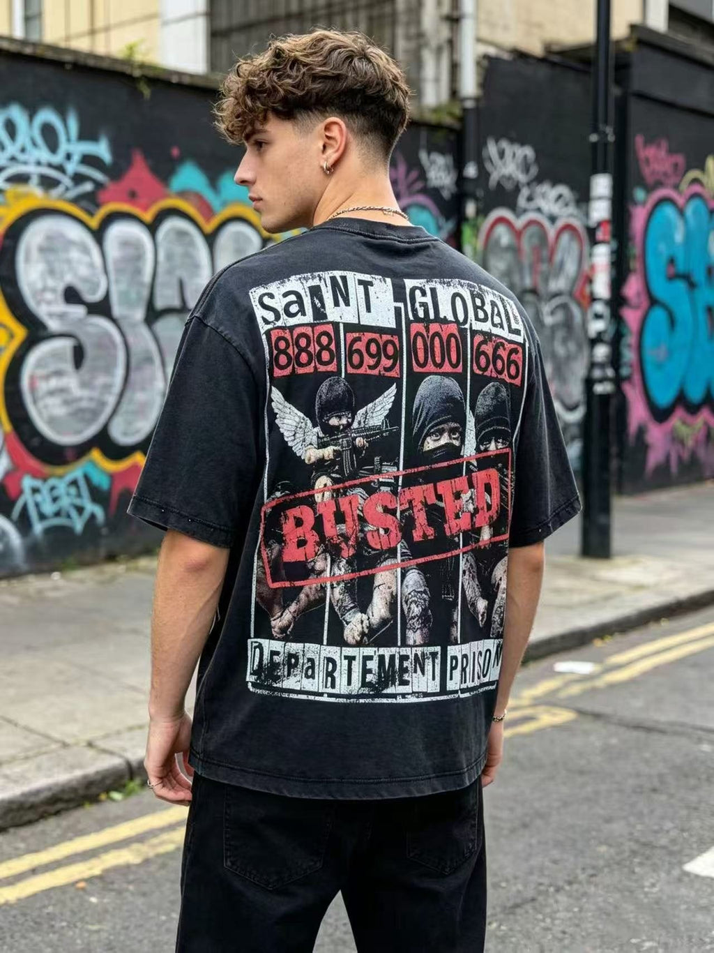 SAINT Rhinestone Distressed Graphic T-Shirt