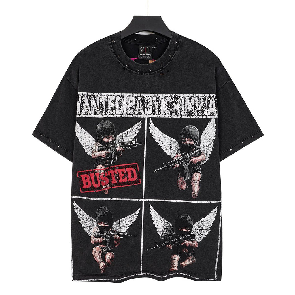 SAINT Rhinestone Distressed Graphic T-Shirt