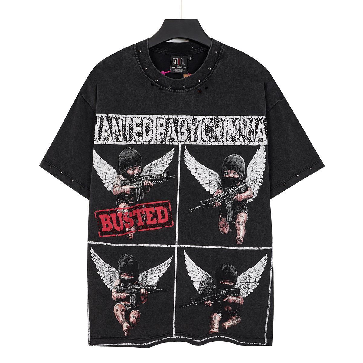 SAINT Rhinestone Distressed Graphic T-Shirt