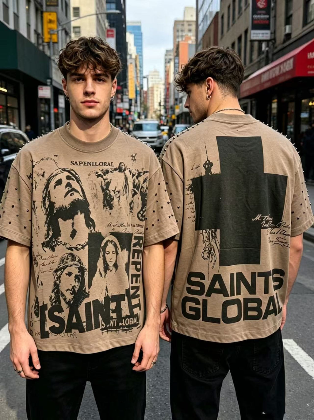 SAINT Taupe Front & Back Graphic T-Shirt