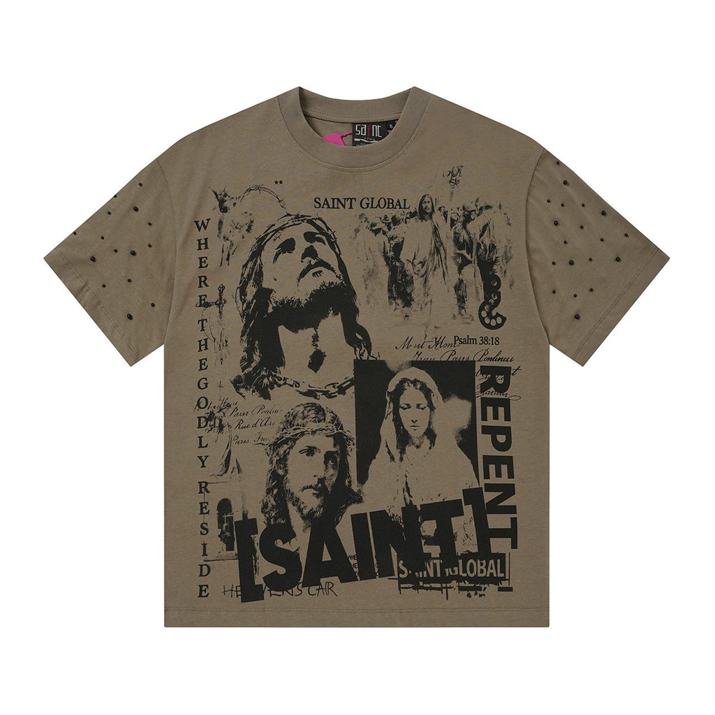 SAINT Taupe Front & Back Graphic T-Shirt