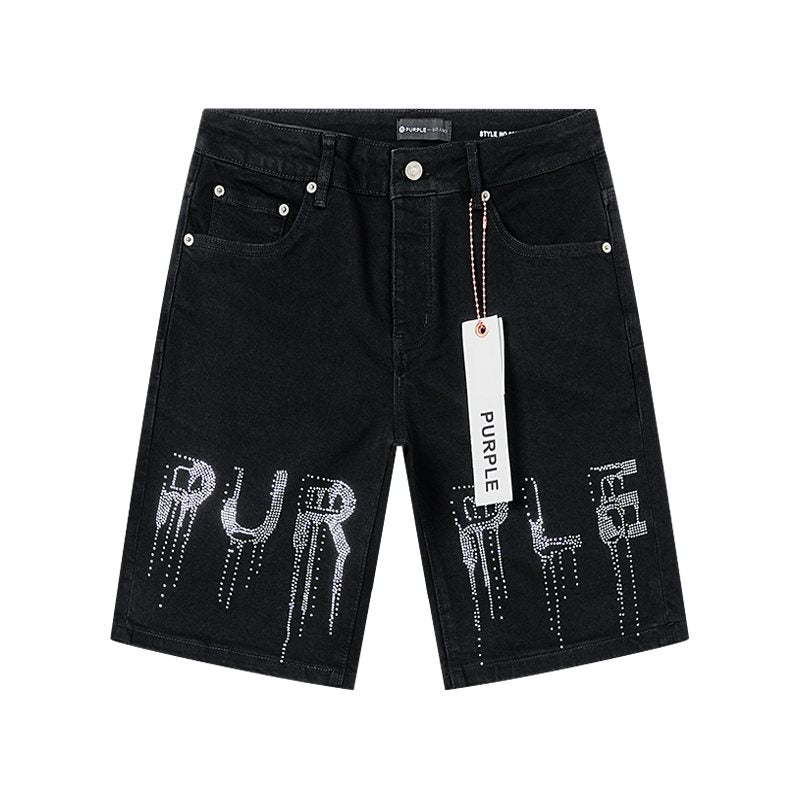 Purple Brand Black Rhinestone Denim Shorts