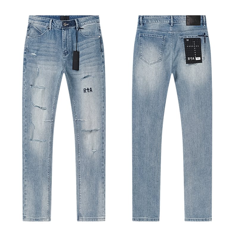 R+A Light Blue Distressed Straight-Leg Jeans