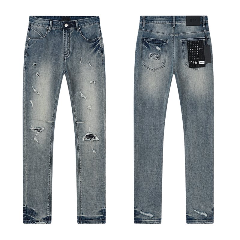 R+A Distressed Blue Embroidered Pocket Jeans