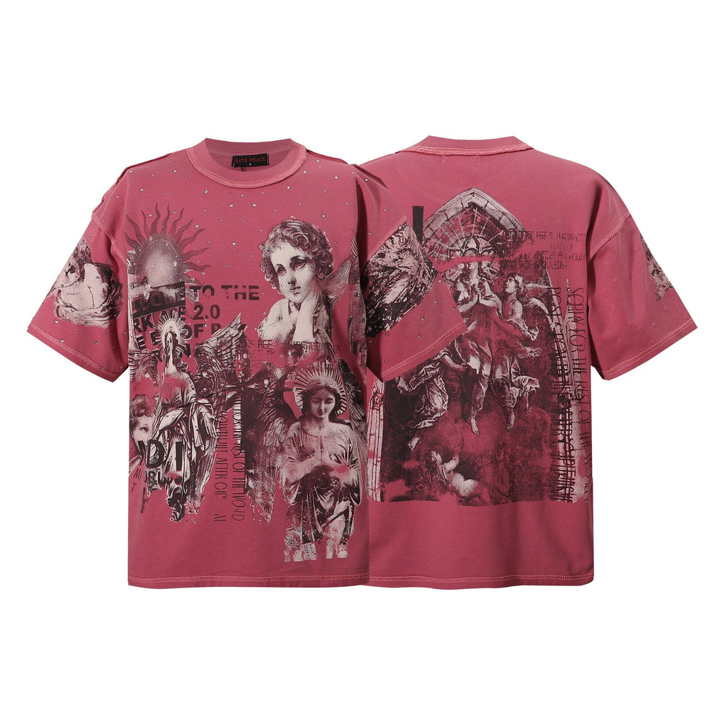 RARE PEACE Statues Rhinestone Graphic T-Shirt