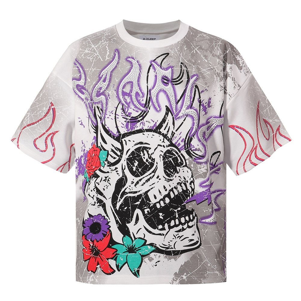 KLEEP Skull Flame Distressed Graphic T-Shirt