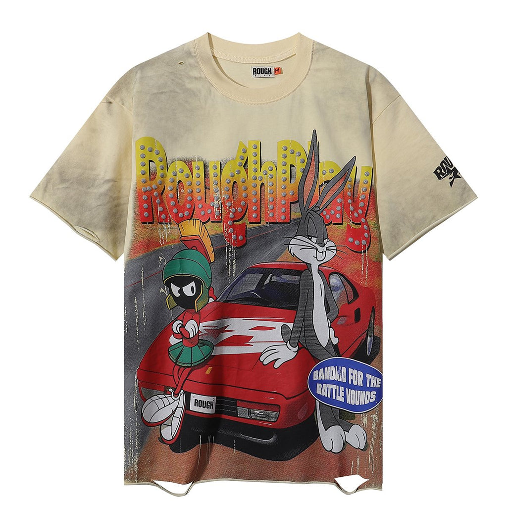 Rough Play Rabbit Car Distressed Short-Sleeve T-Shirt