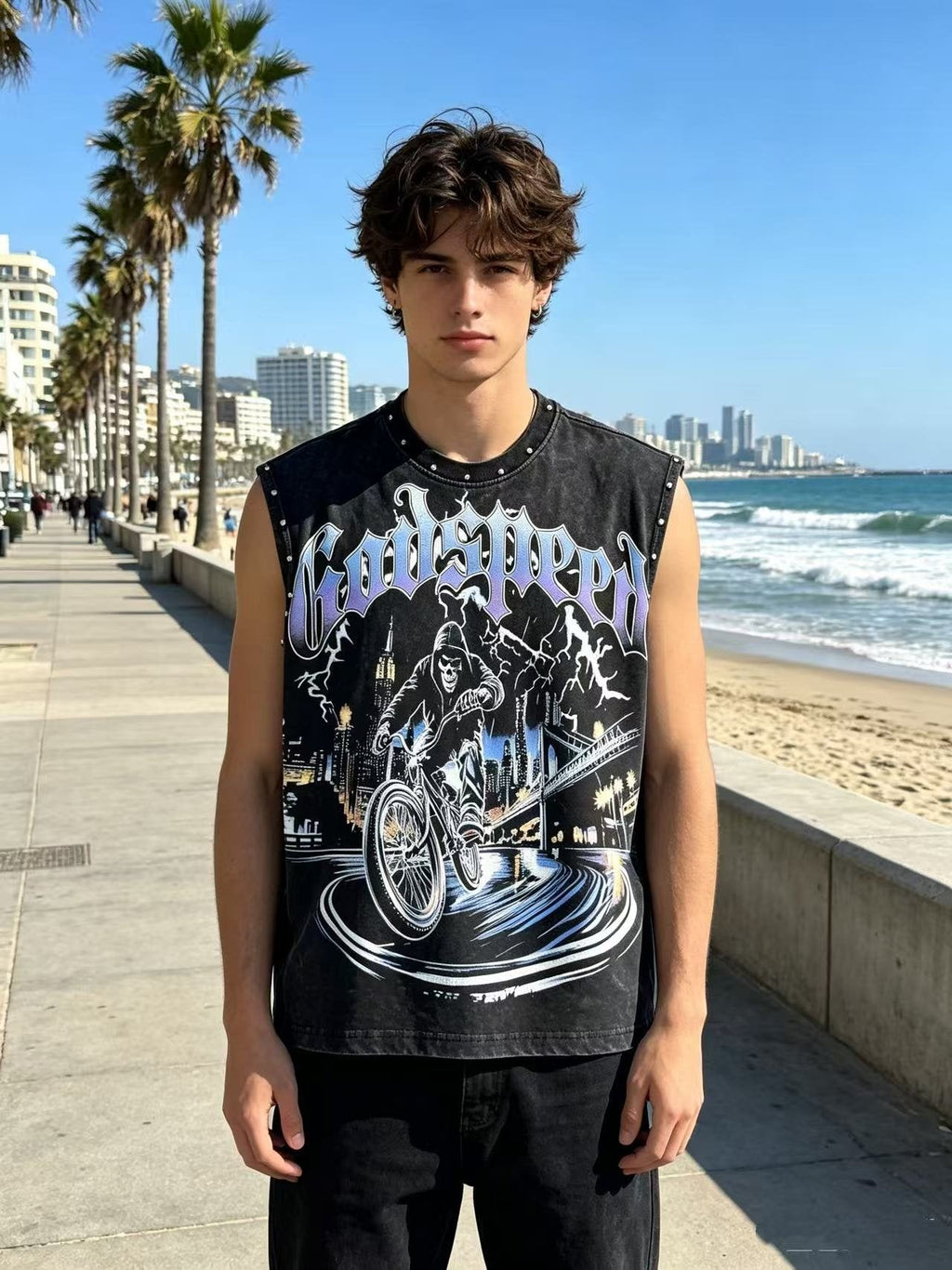 Godspeed Manifest Skull Studded Black Sleeveless T-Shirt
