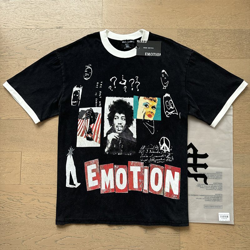 MIXED EMOTION Washed Black Graphic Ringer T-Shirt